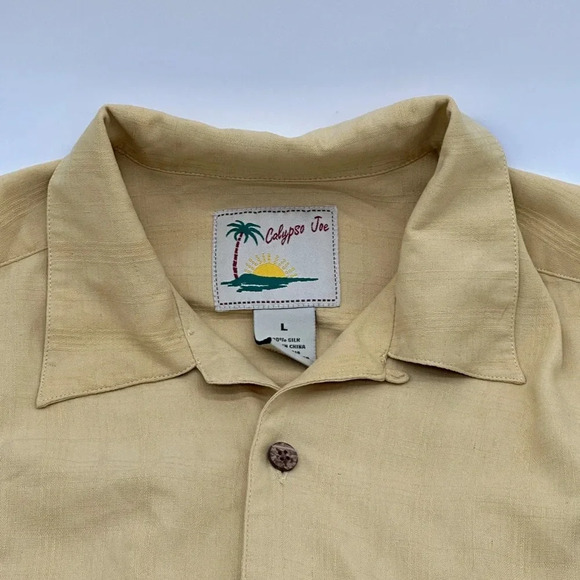 Calypso Joe Men's Large Yellow Silk Short Sleeve Shirt Hawaiian Casual Comfy - Picture 1 of 6